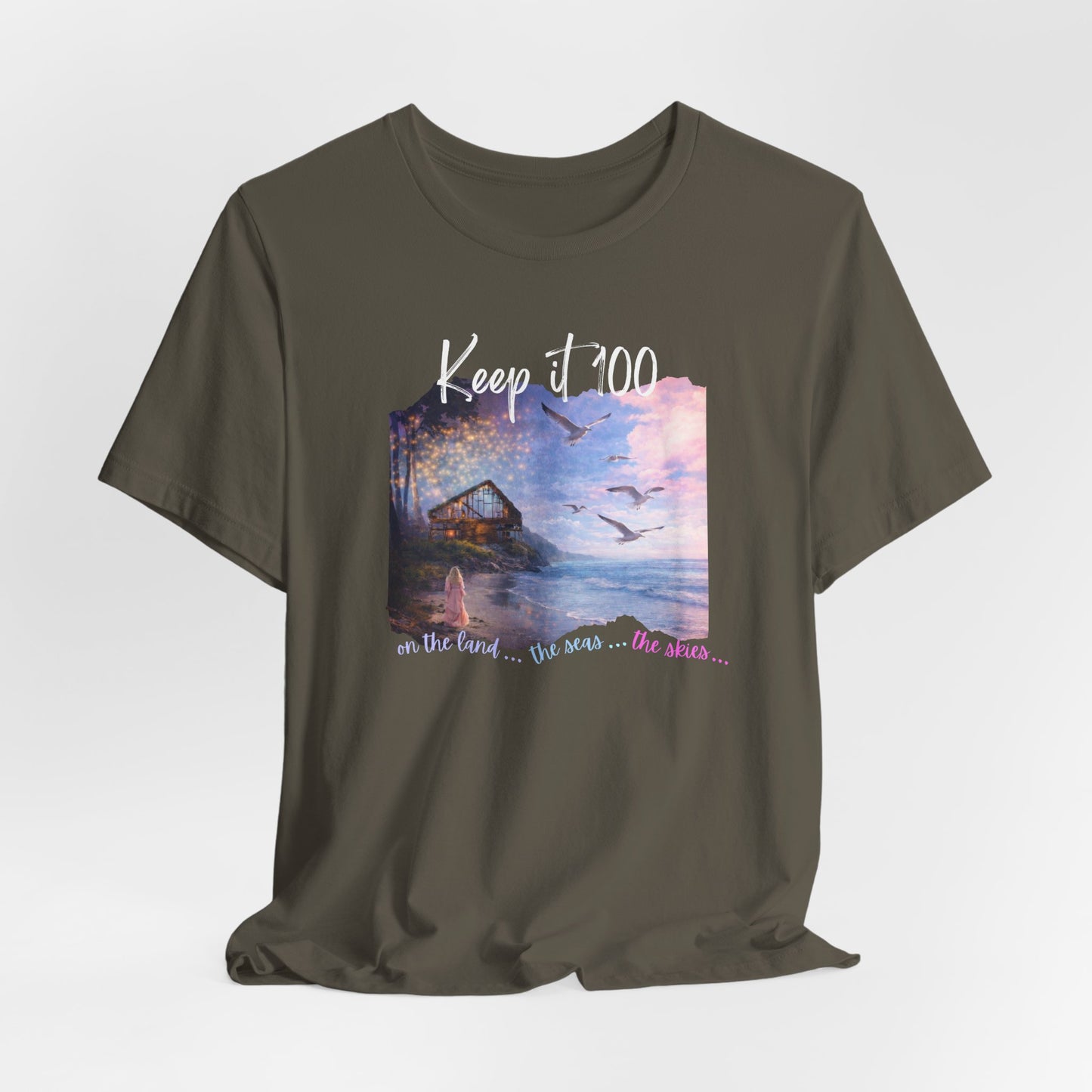 Keep It 100 Whimsical Scene T-Shirt — Coastal Sunset Cabin Graphic Tee