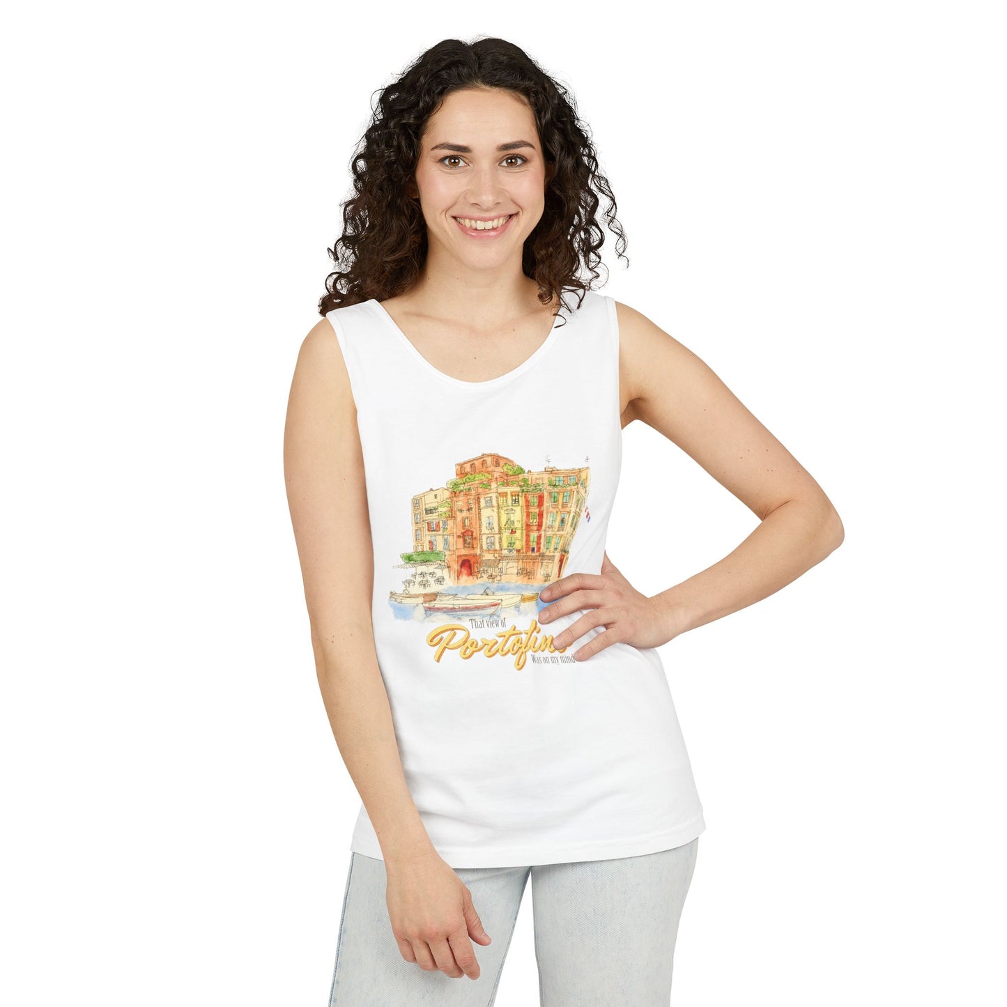 Portofino Watercolor Comfort Colors Unisex Tank Top — Italian Coastal Tee