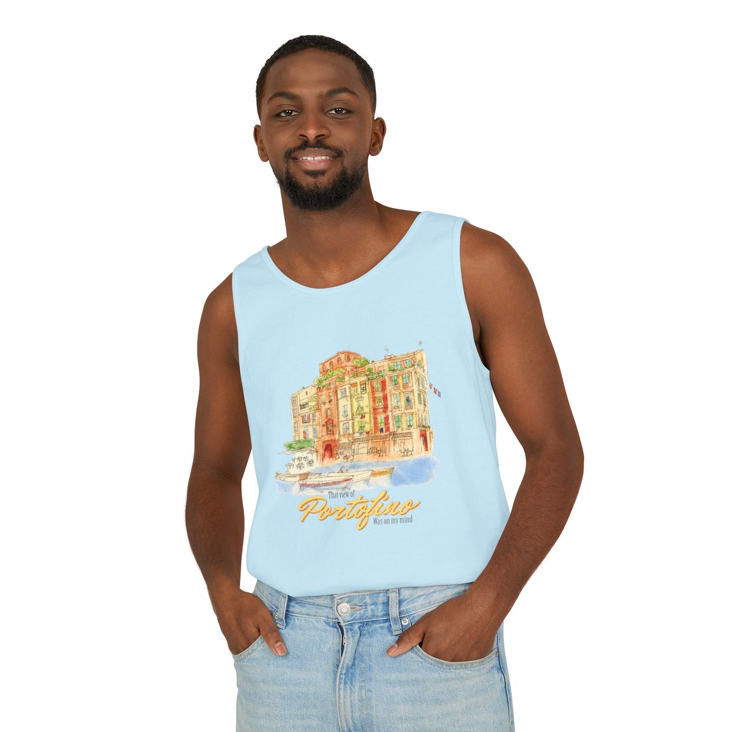 Portofino Watercolor Comfort Colors Unisex Tank Top — Italian Coastal Tee