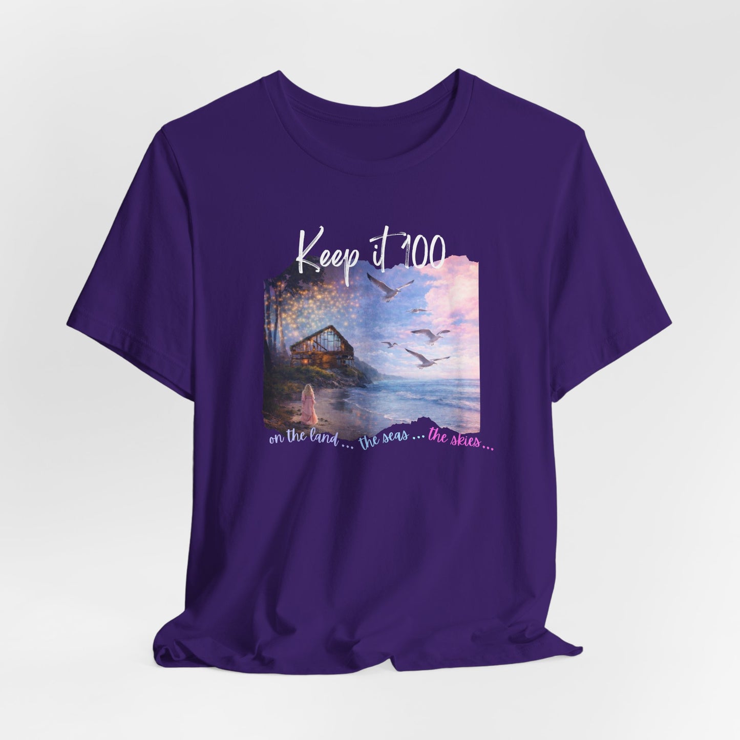 Keep It 100 Whimsical Scene T-Shirt — Coastal Sunset Cabin Graphic Tee