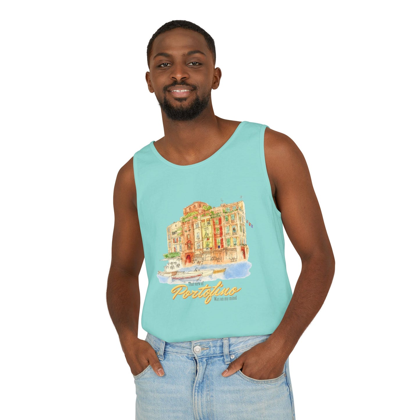 Portofino Watercolor Comfort Colors Unisex Tank Top — Italian Coastal Tee