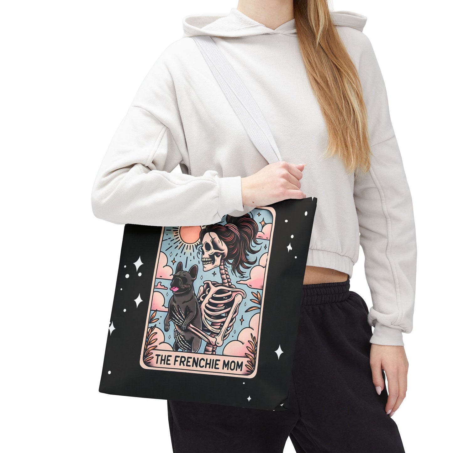 Frenchie Mom Tarot Tote Bag, Stylish Pet Lover Accessory, Ideal for Dog Moms, Halloween Gift, Trendy Grocery Bag, Eco-Friendly Bags