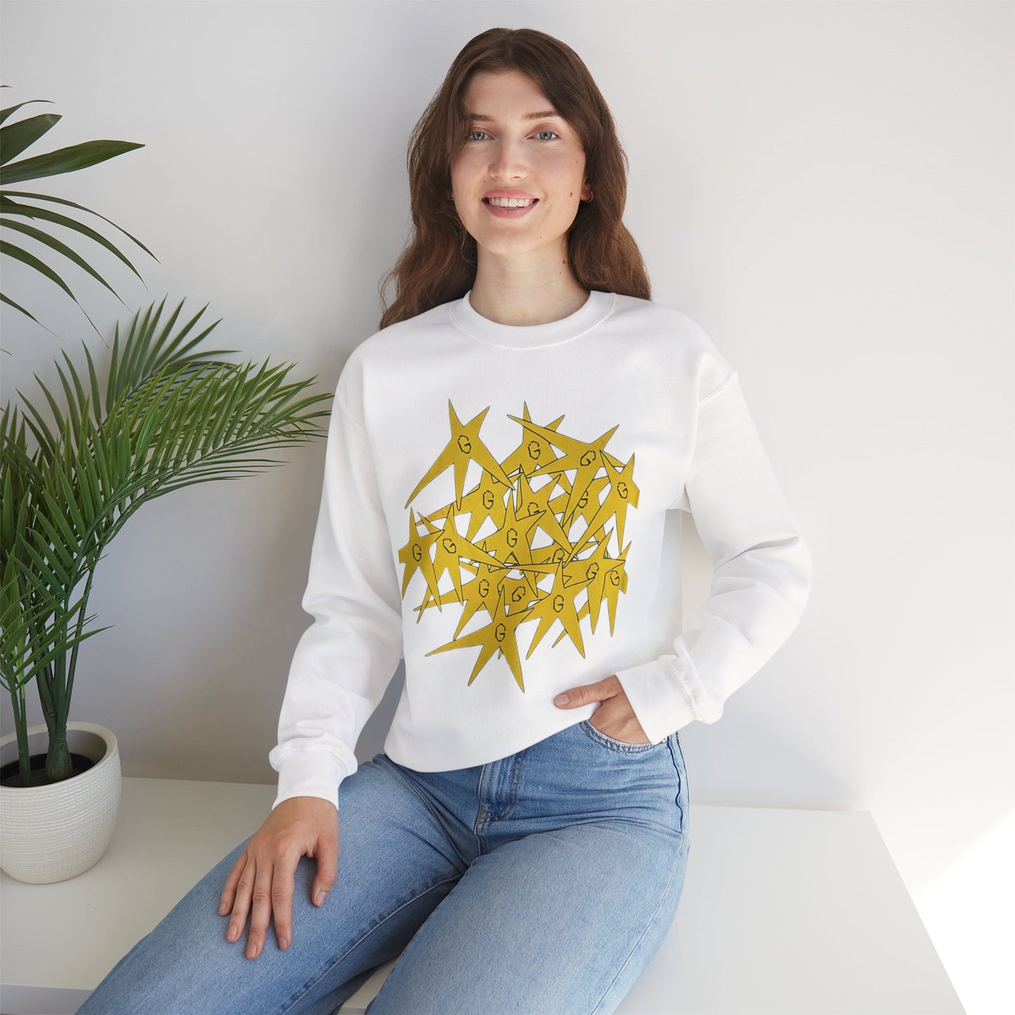 Yellow Stars Pattern Crewneck Sweatshirt