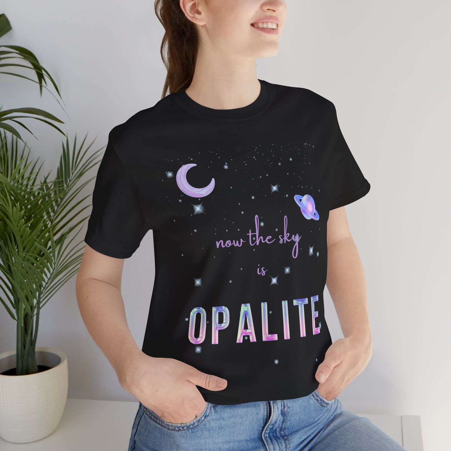 Now the sky is Opalite, Short Sleeve Black T-Shirt, Astronomy Lovers Gift, Cosmic Graphic Tee, Starry Night Apparel