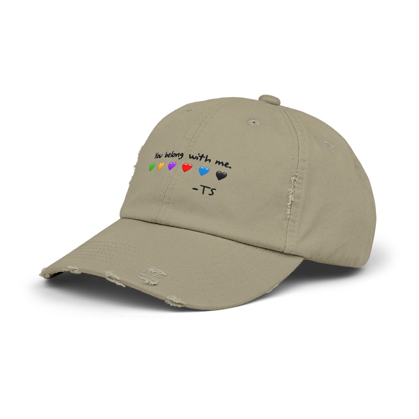 You belong with me - Printed Image - Unisex Distressed Cap with Heart Design - Perfect Gift for Music Lovers, Casual Wear, Festivals, Birthdays, Fan Merchandise