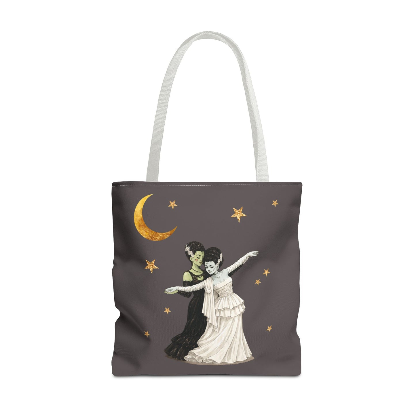 Moonlit Duet Tote Bag — Vintage Lesbian Monster Brides Couple with Gold Moon & Stars