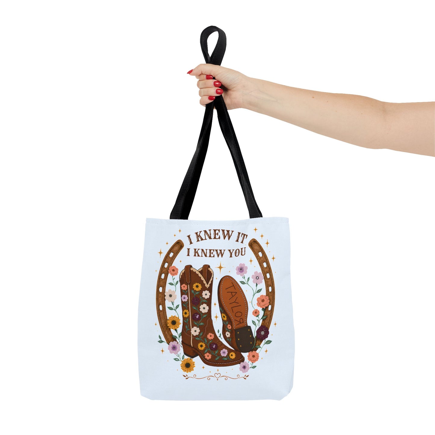 Western Floral Tote Bag — "I Knew It, I Knew You" Cowboy Boots & Horseshoe Design