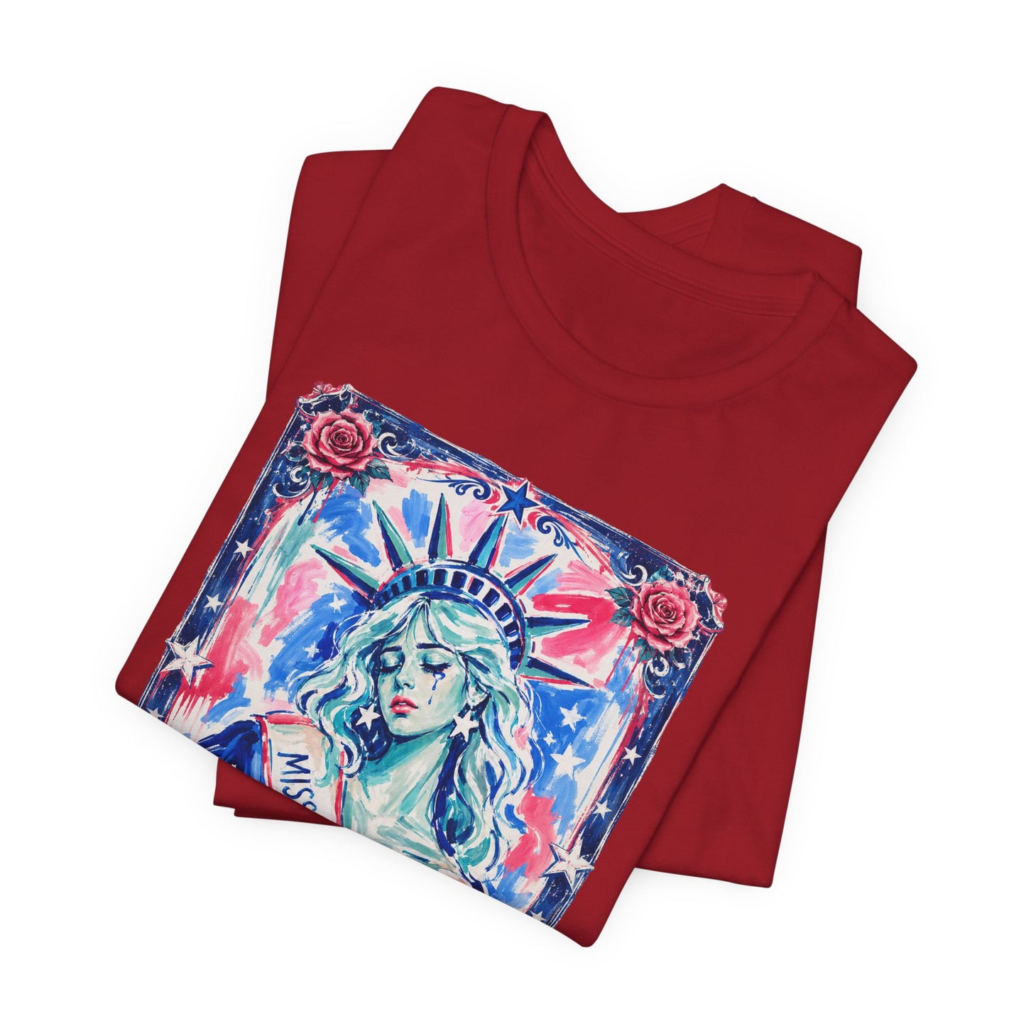 Miss Americana Statue of Liberty Patriotic Art Tee (Back: "I'm just mad as hell because I loved this place")