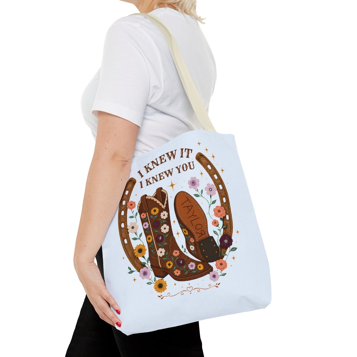 Western Floral Tote Bag — "I Knew It, I Knew You" Cowboy Boots & Horseshoe Design
