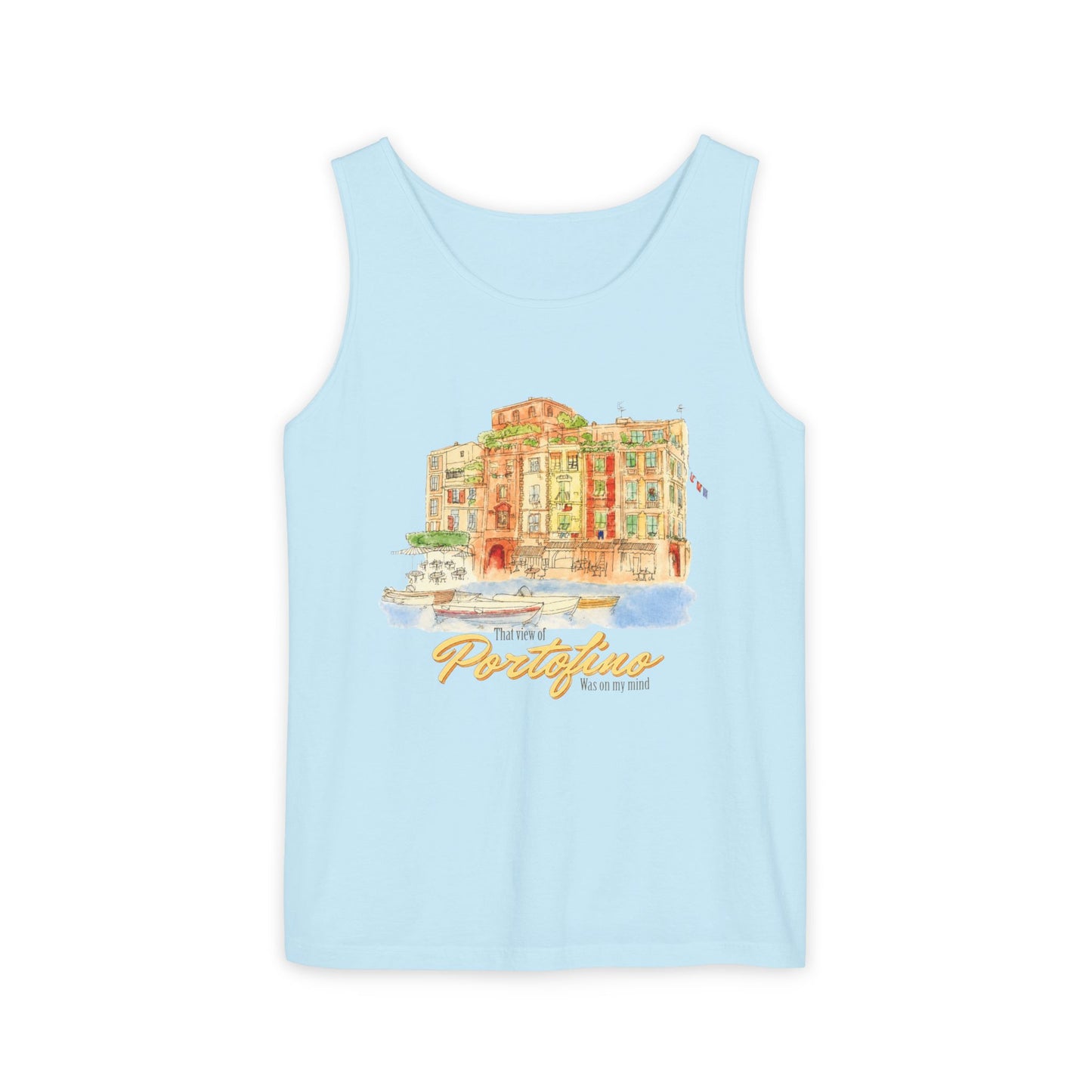 Portofino Watercolor Comfort Colors Unisex Tank Top — Italian Coastal Tee