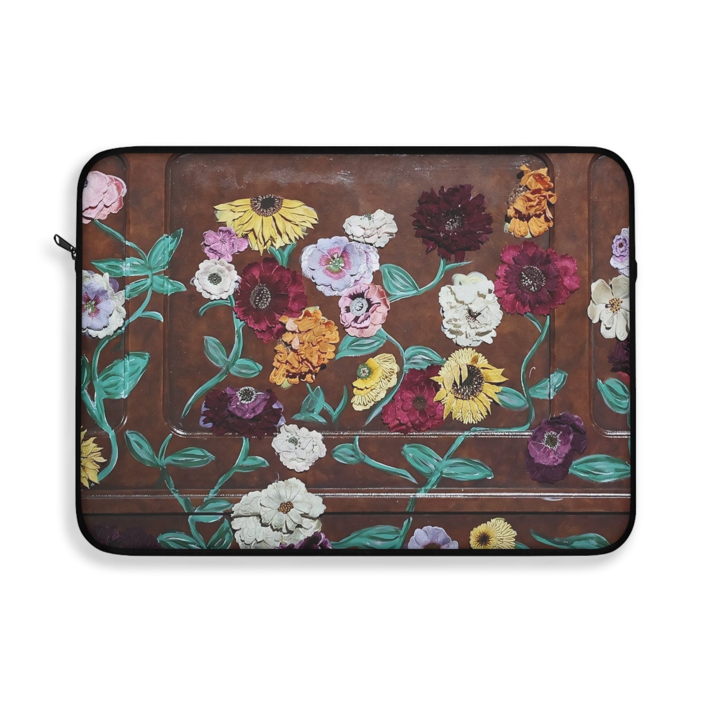 Floral Piano Laptop Sleeve — Garden Flowers on Rustic Brown