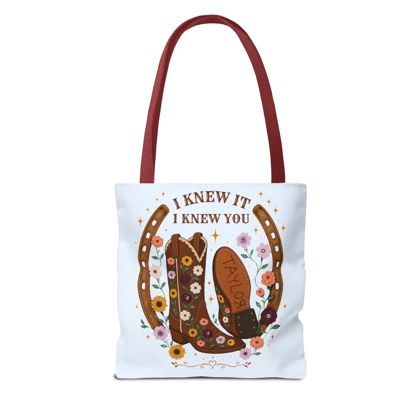 Western Floral Tote Bag — "I Knew It, I Knew You" Cowboy Boots & Horseshoe Design