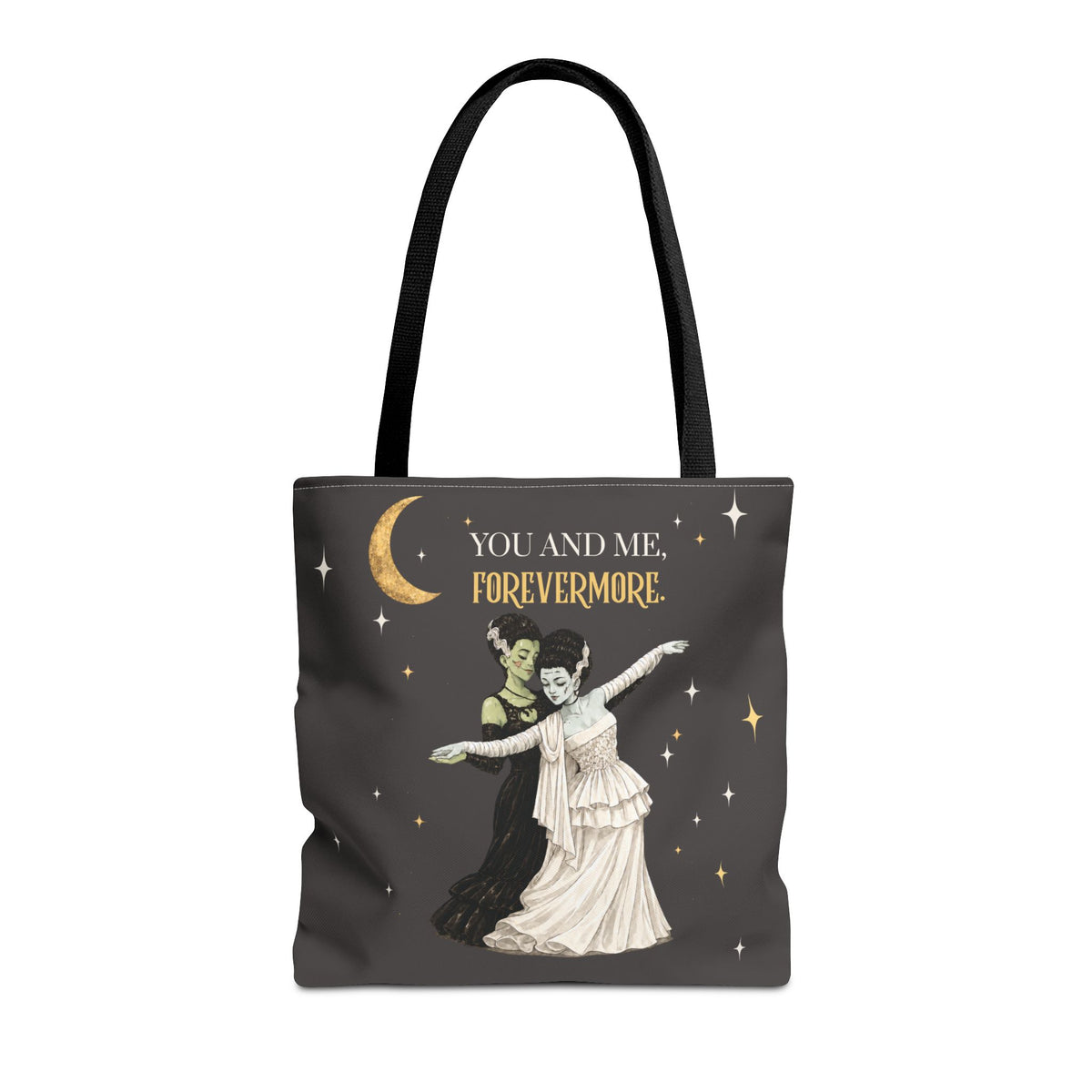 Moonlit Duet Tote Bag — Vintage Lesbian Monster Brides Couple with Gold Moon & Stars