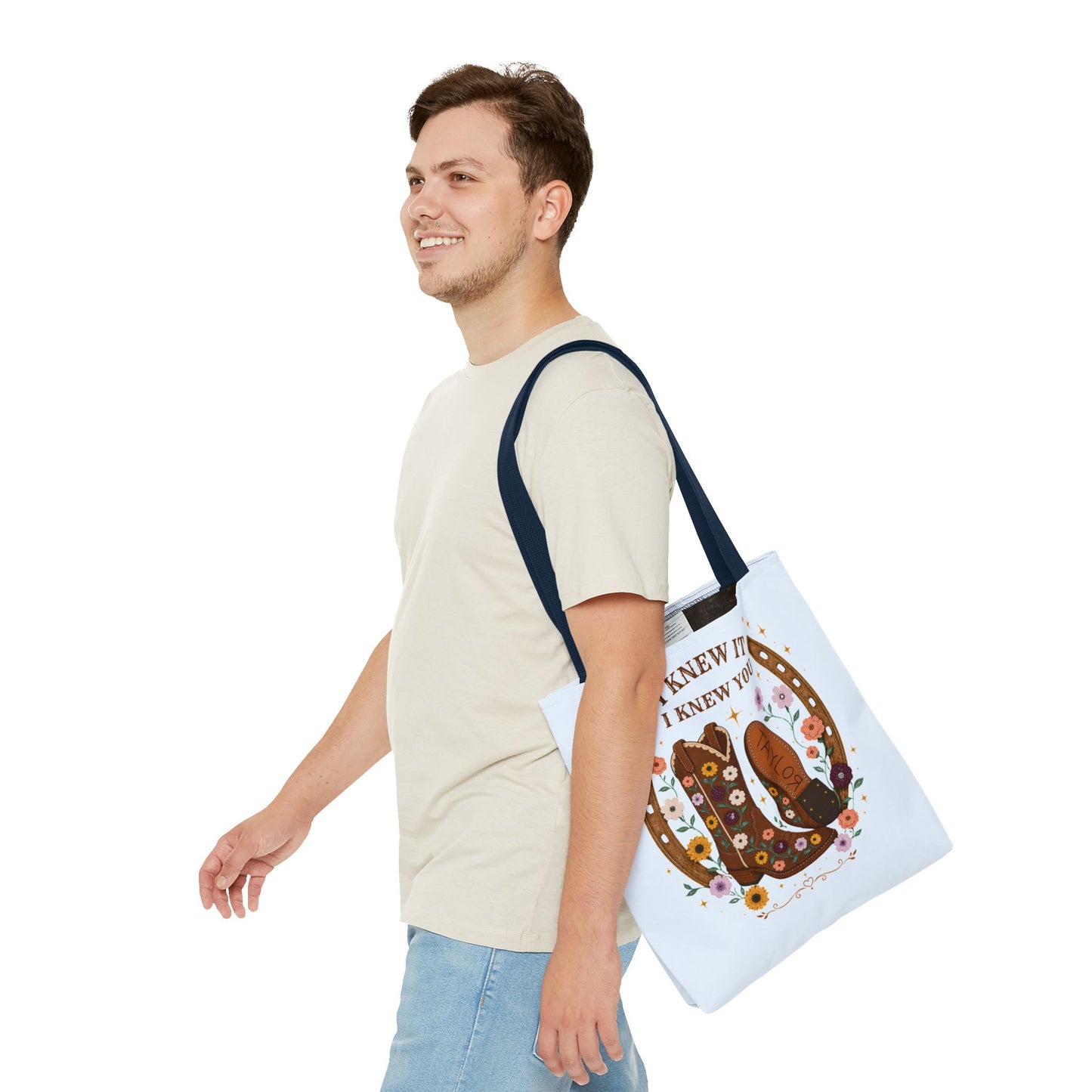Western Floral Tote Bag — "I Knew It, I Knew You" Cowboy Boots & Horseshoe Design