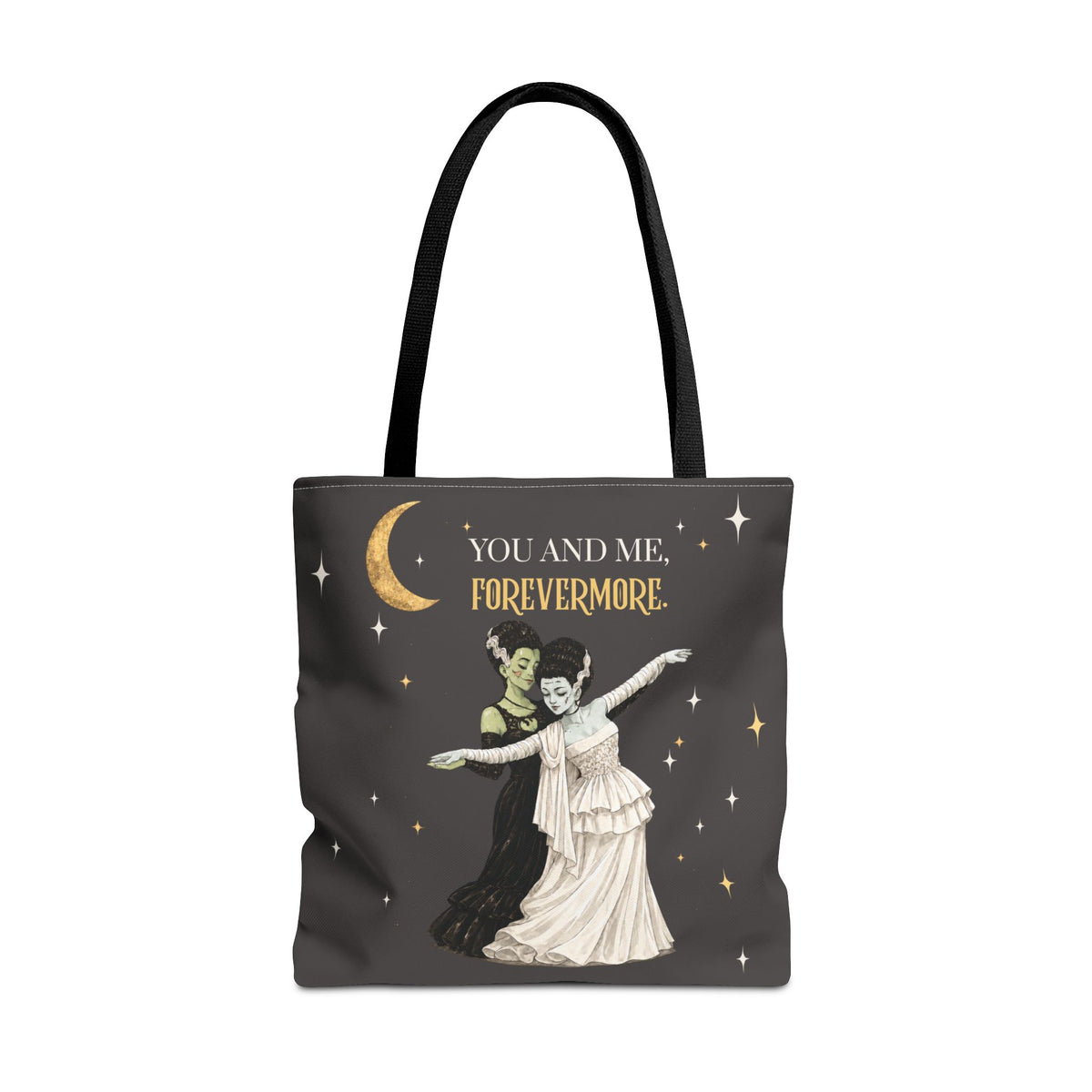 Moonlit Duet Tote Bag — Vintage Lesbian Monster Brides Couple with Gold Moon & Stars