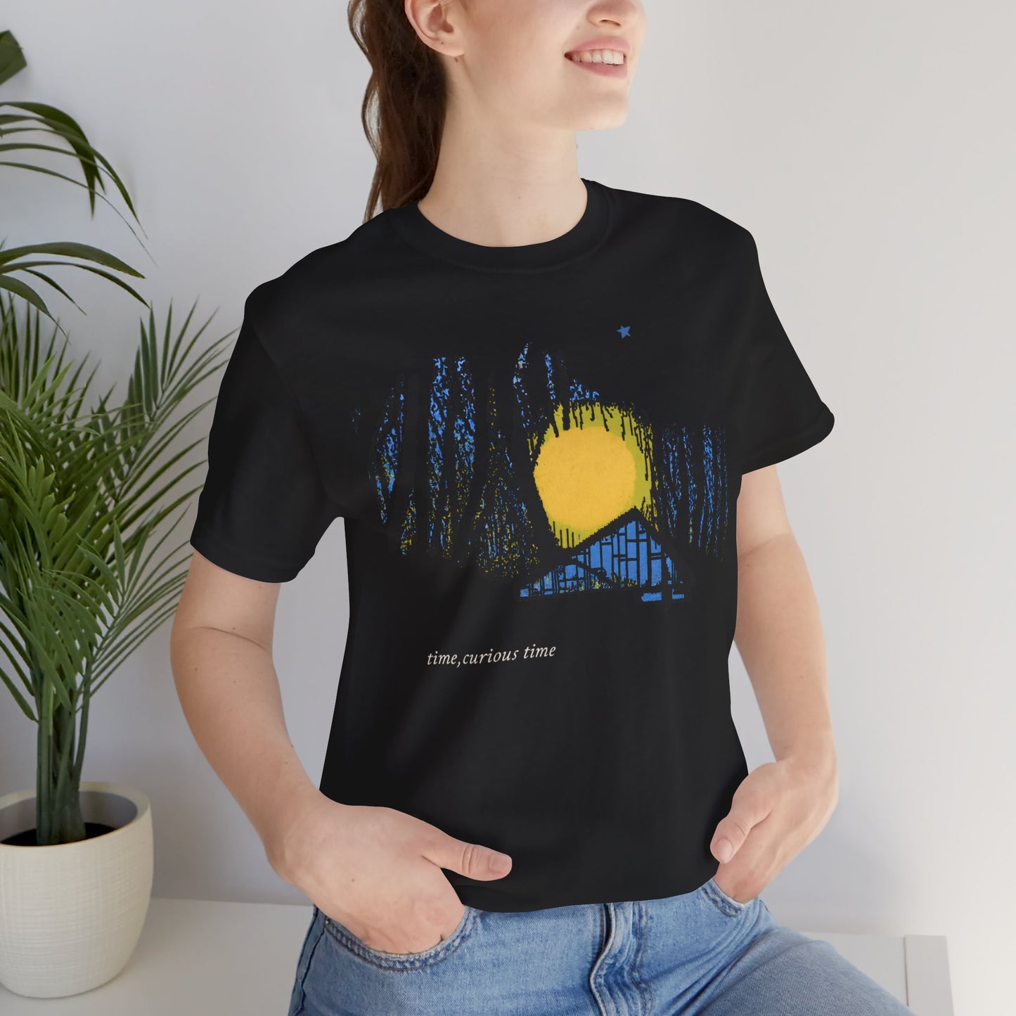 Night Cabin Graphic Tee — "Time, curious Time" Moonlit Forest T-Shirt