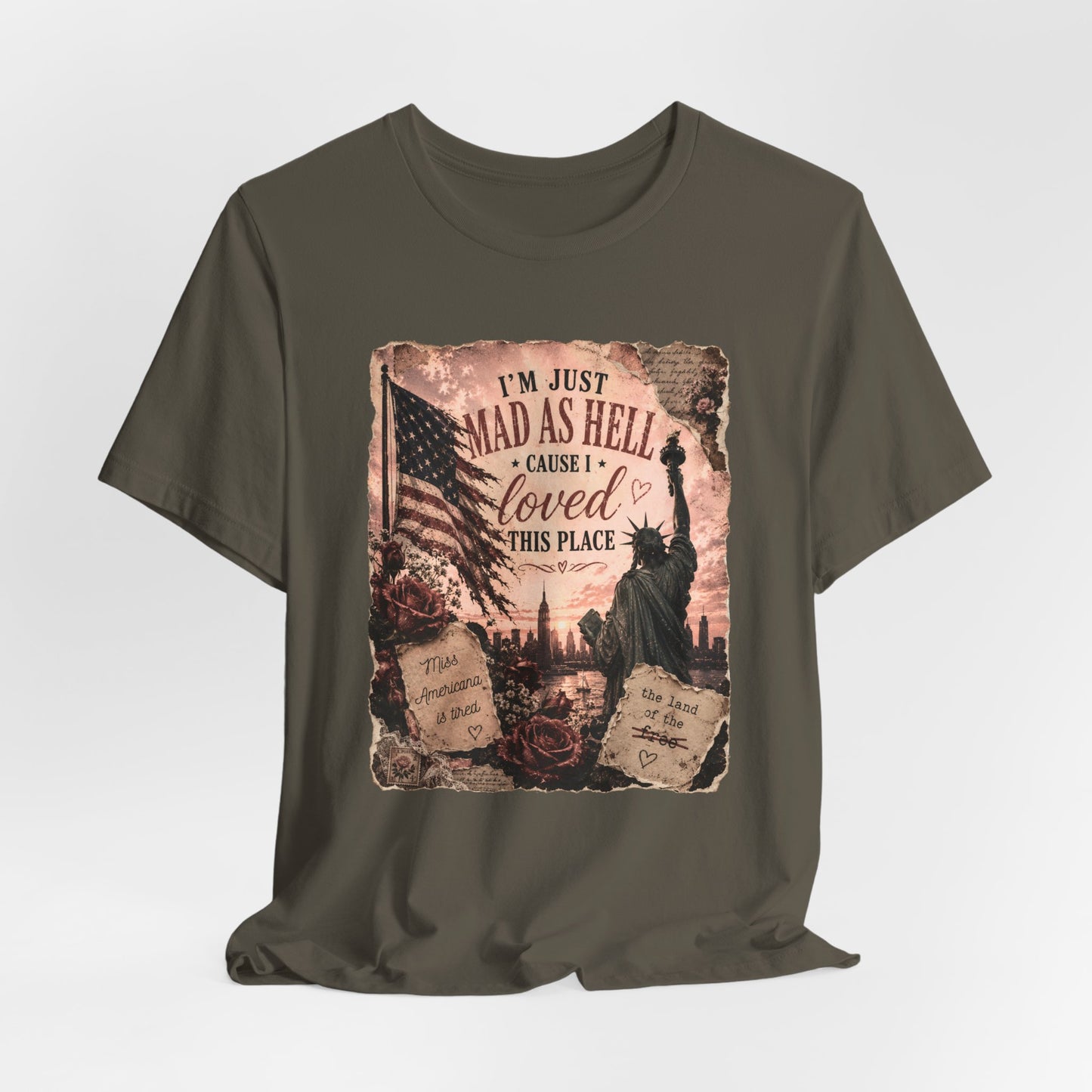 Patriotic 'I'm Just Mad as Hell ' Tee - Vintage Statue of Liberty & Flag Design