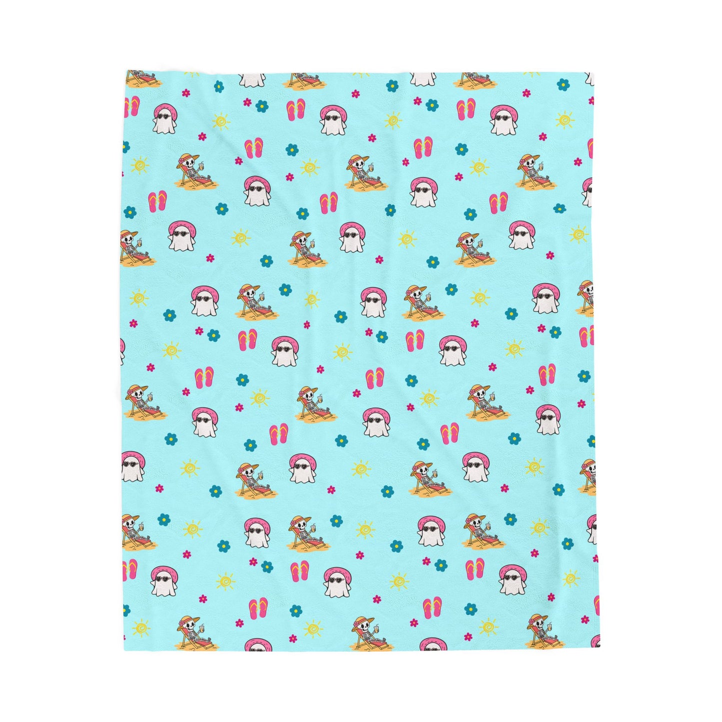 Aqua Summerween Soft Plush Fleece Blanket, Summer Ghosties and Skeletons, Cute Throw Blanket