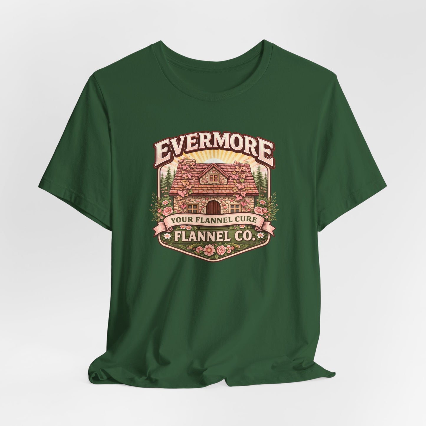 Evermore Flannel Co. Cabin Tee — Vintage Cozy Cabin Graphic T-Shirt