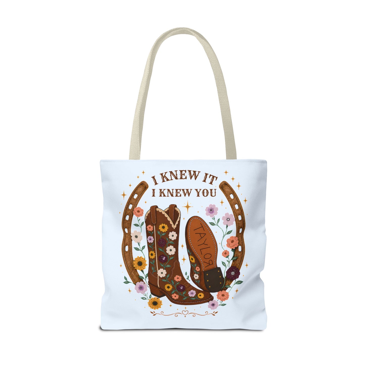 Western Floral Tote Bag — "I Knew It, I Knew You" Cowboy Boots & Horseshoe Design