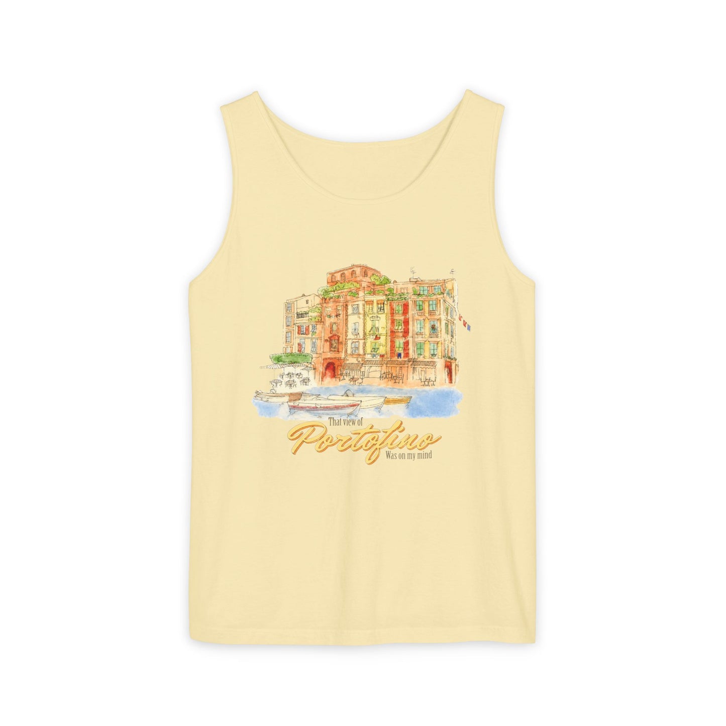 Portofino Watercolor Comfort Colors Unisex Tank Top — Italian Coastal Tee