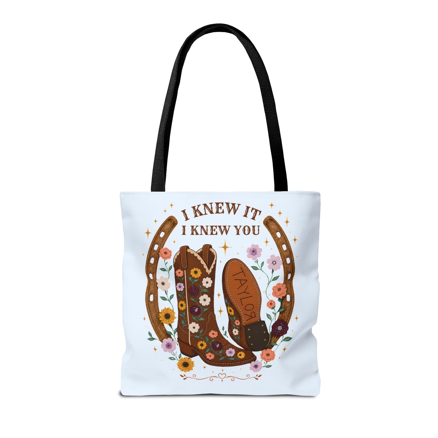 Western Floral Tote Bag — "I Knew It, I Knew You" Cowboy Boots & Horseshoe Design