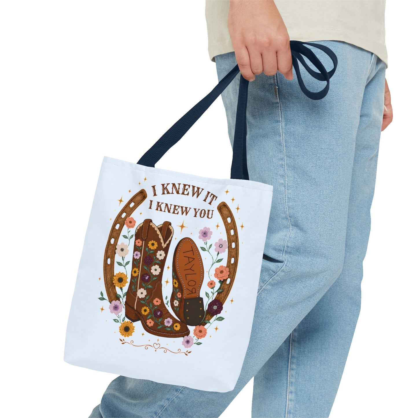 Western Floral Tote Bag — "I Knew It, I Knew You" Cowboy Boots & Horseshoe Design