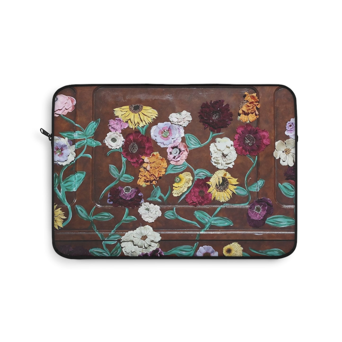 Floral Piano Laptop Sleeve — Garden Flowers on Rustic Brown