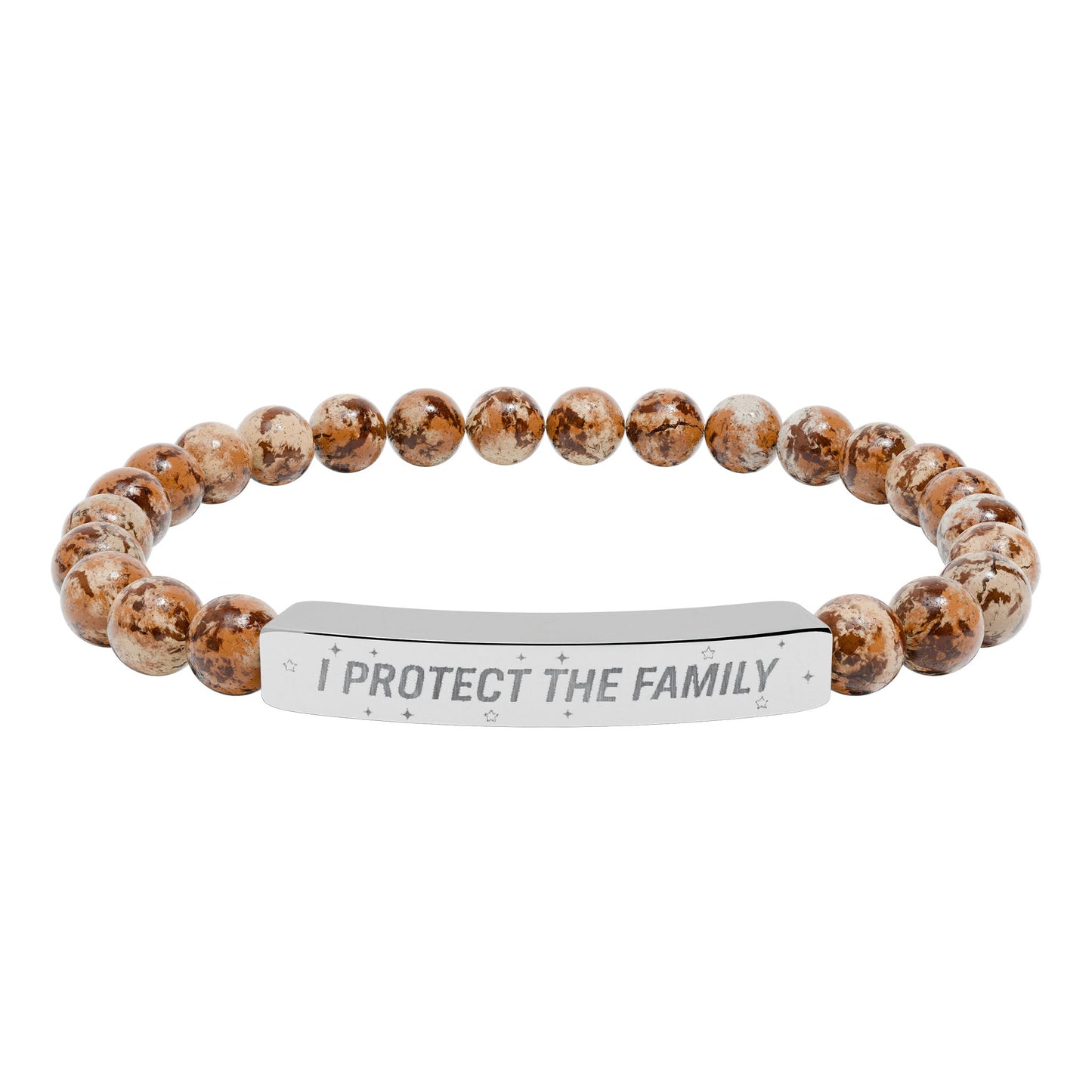 Engraved Natural Stone Stretch Bracelet — "I Protect the Family" Bar
