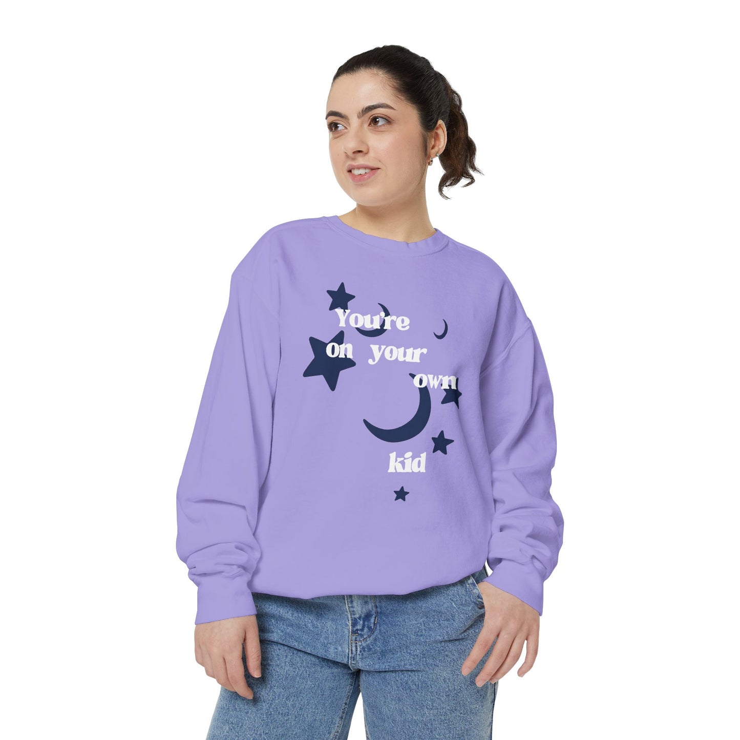 "You're On Your Own Kid" Comfort Colors Crewneck Sweatshirt — Moody Night Stars Graphic