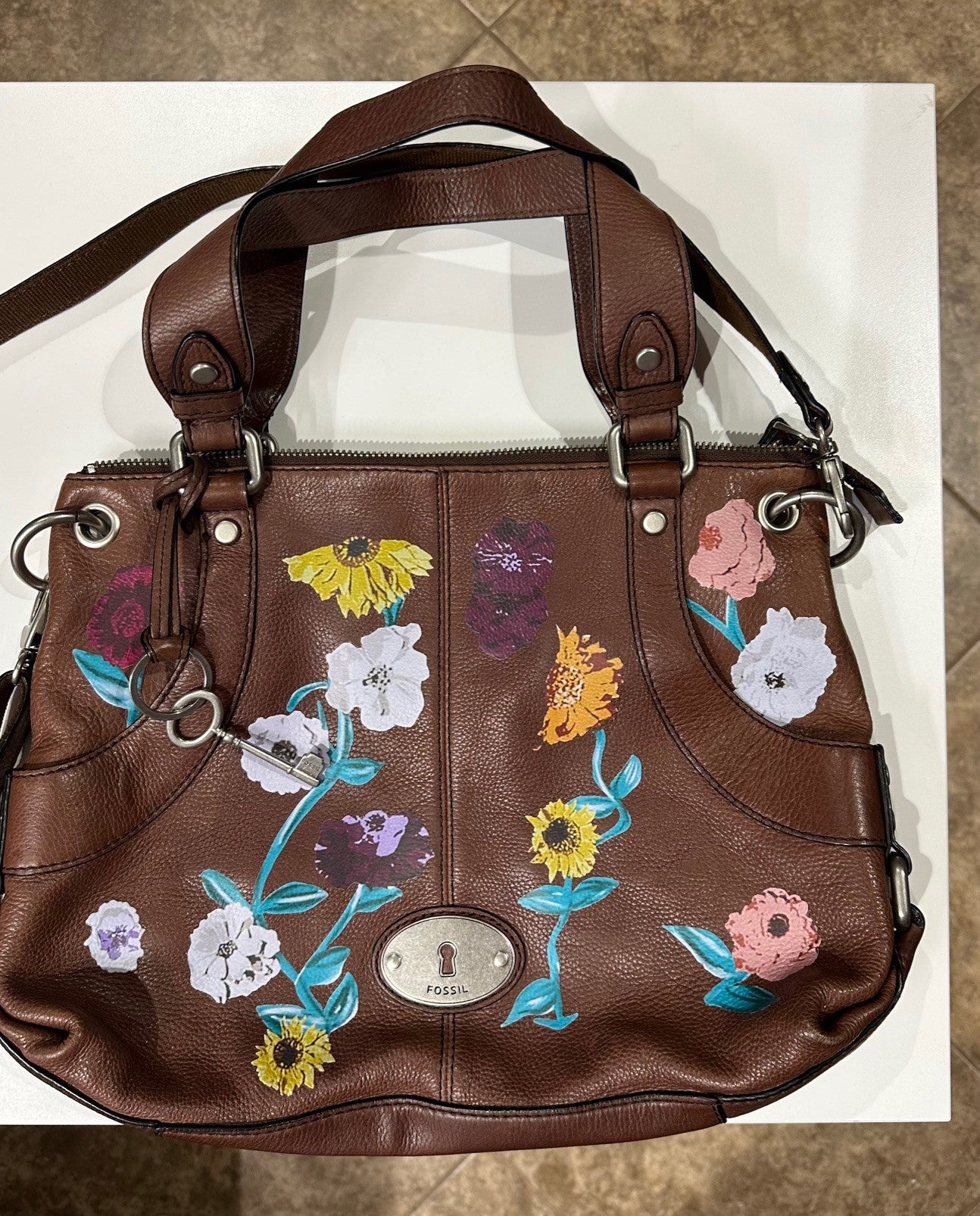 Large Fossil Leather Tote/Crossbody Floral Piano Design