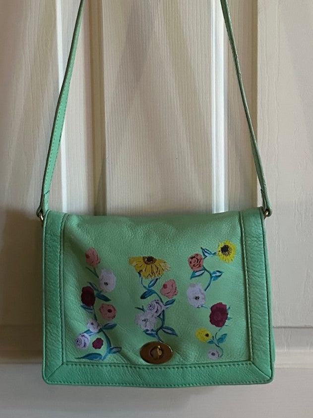 Pre-Loved J Crew Mint Green Leather Crossbody, Acoustic Piano Floral Design