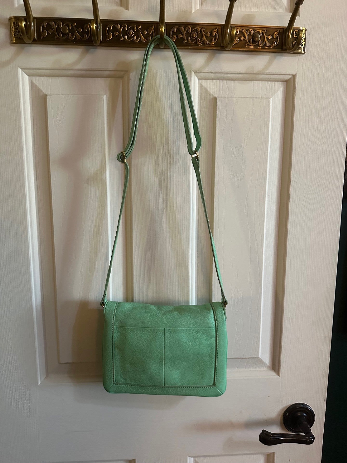 Pre-Loved J Crew Mint Green Leather Crossbody, Acoustic Piano Floral Design