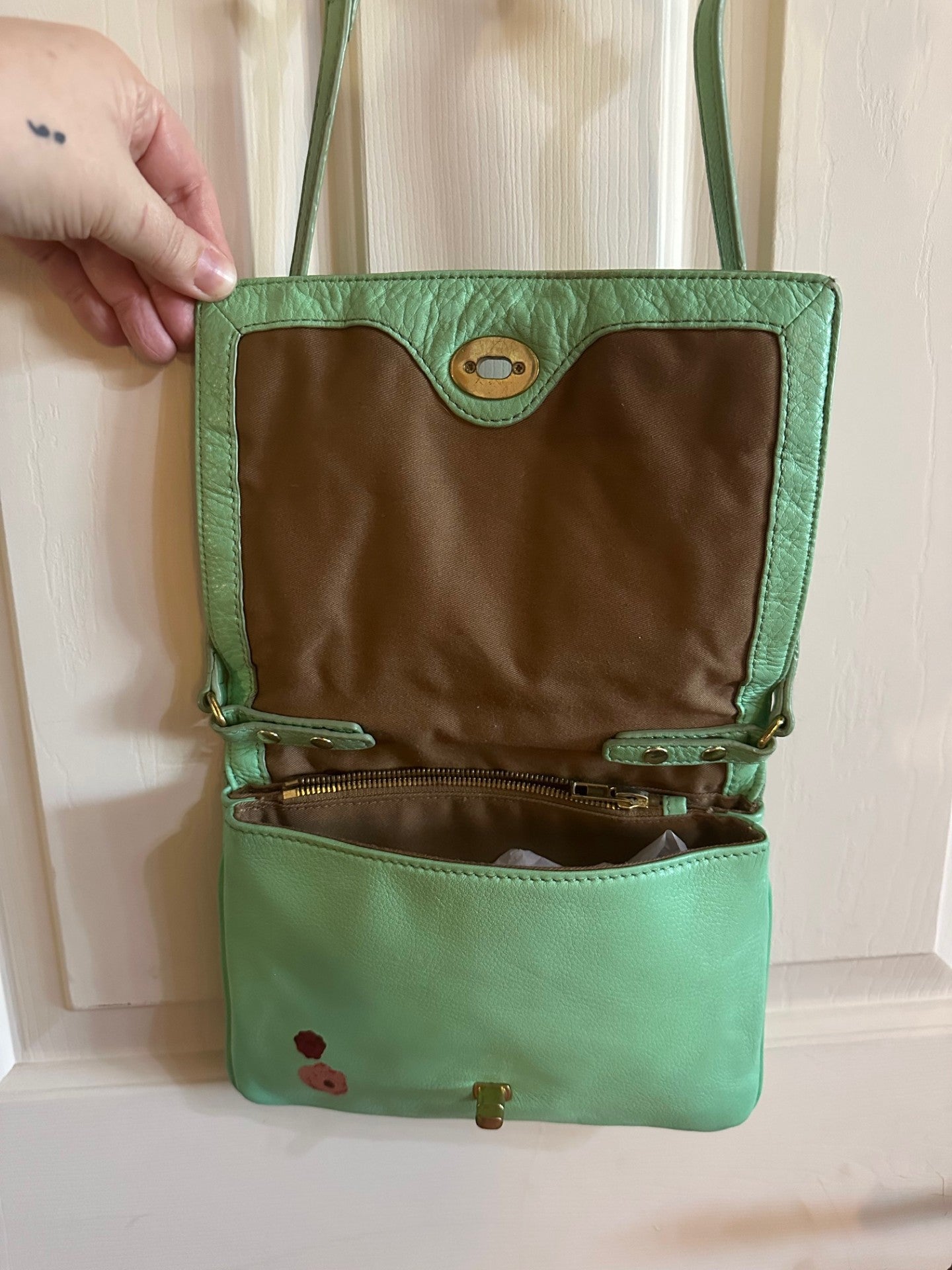 Pre-Loved J Crew Mint Green Leather Crossbody, Acoustic Piano Floral Design