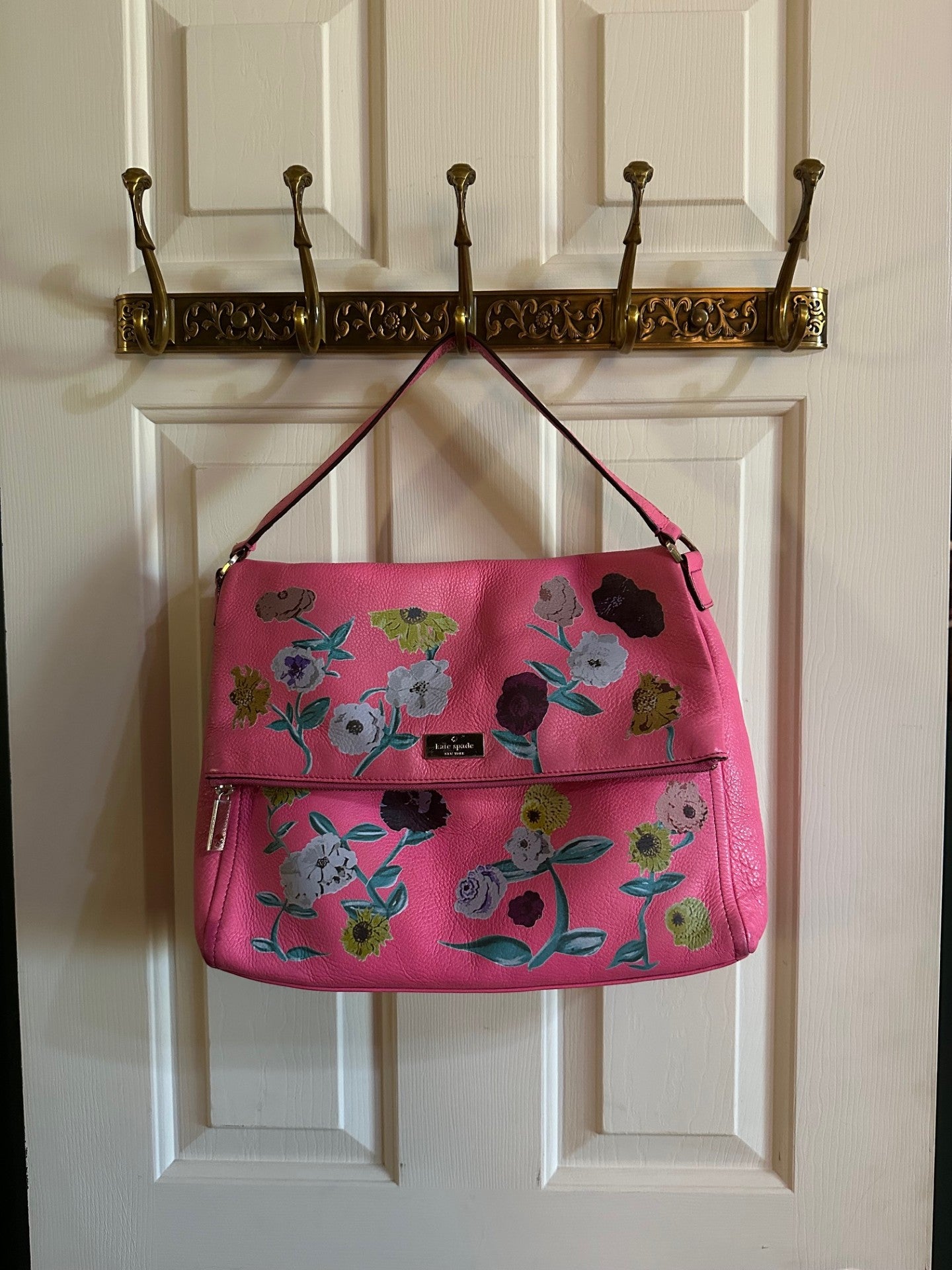 Pre-Loved Bright Pink Kate Spade Large Crossbody - Acoustic Piano Floral Design