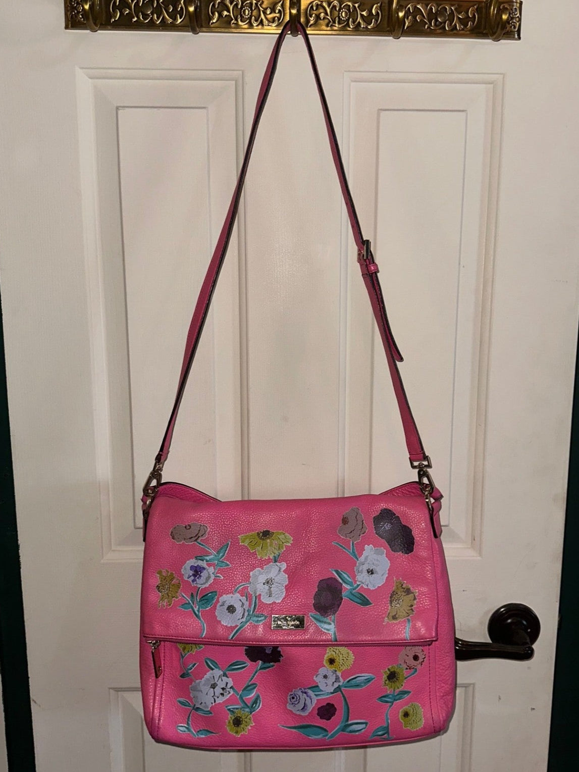 Pre-Loved Bright Pink Kate Spade Large Crossbody - Acoustic Piano Floral Design